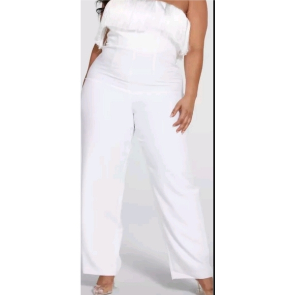 Womens Fashion To Figure Jumpsuit Size 3X Off Ivory Faux Feather Fringes Party
